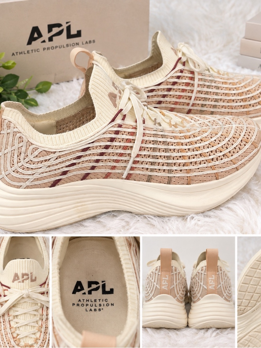 APL Women’s Cream Knit Slip-On Running Shoes with Beige and Rust Accents